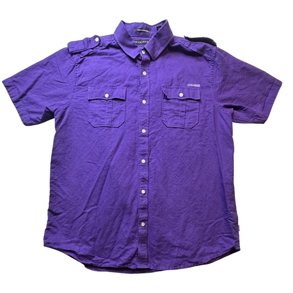 Sean John Shirt Mens 2XL XXL Purple Short Sleeve Button Up Linen Cotton Blend
